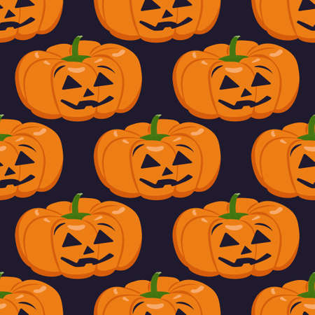 Cute dark seamless pattern with pumpkins, face and smile. Halloween party decoration. Vegetable print with a smirk. Festive background for paper, textile, holiday and design. Vector illustration.のイラスト素材