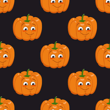 Cute dark seamless pattern with pumpkins, face and smile. Halloween party decoration. Vegetable print with a smirk. Festive background for paper, textile, holiday and design. Vector illustration.のイラスト素材