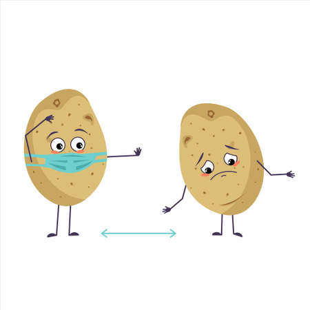 Cute potato characters with emotions, face and mask keep distance, arms and legs. The funny or sad hero, vegetable with eyes. Vector flat illustrationのイラスト素材