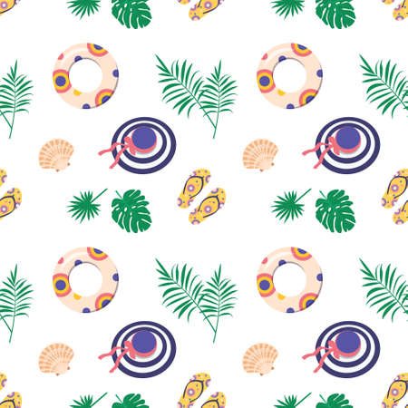 Cute bright seamless summer pattern with items for the sea and vacation. Print with hat, palm leaf, shells and flip flops. Decorative elements for textiles, paper and design. Vector flat illustrationのイラスト素材