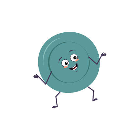 Cute character a plates with joy emotions, smile face, happy eyes, arms and legs. A mischievous dishes for a cafe. Vector flat illustrationのイラスト素材