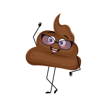 Cute shit character with glasses and joyful emotions, smile face, happy eyes, arms and legs. A mischievous turd with eyes. Vector flat illustrationのイラスト素材