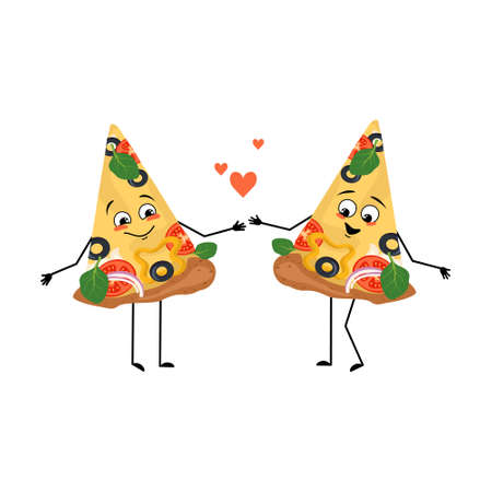 Cute pizza characters with love emotions, smiling face, arms and legs. The funny or happy food heroes with hearts, vegetables and cheese fall in love. Vector flat illustrationのイラスト素材