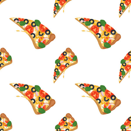 Bright seamless pattern with slices of pizza. Fast food print with vegetables and cheese. Design for textile, paper, cafe and restaurantのイラスト素材