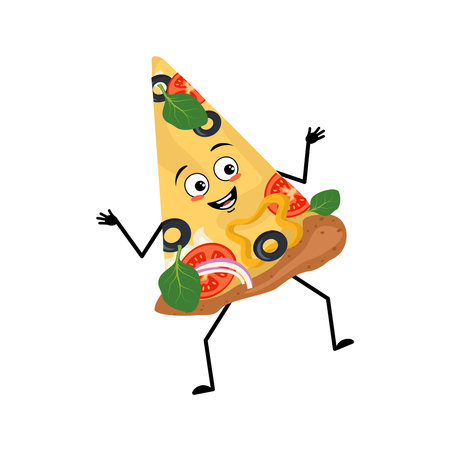 Cute pizza character with joyful emotions, smile face, happy eyes, arms and legs. The funny or happy food heroes with hearts, vegetables and cheese fall in love. Vector flat illustrationのイラスト素材