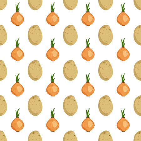 Cute seamless pattern with potato tubers and onions. Vegetable harvest print. Summer or autumn background. Vector flat illustrationのイラスト素材