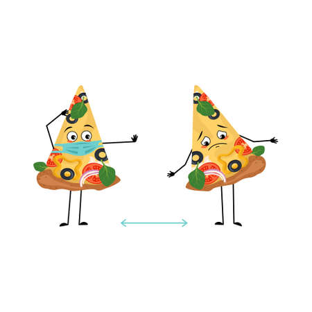 Cute pizza characters with emotions, face and mask keep distance, arms and legs. The funny or sad food. Vector flat illustrationのイラスト素材