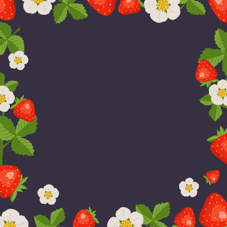Frame with strawberries, leaves and white flowers on a dark background. Bright fruit square pattern. Summer food bannerのイラスト素材