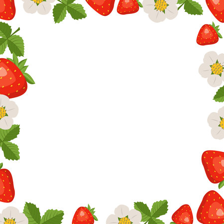 Frame with strawberries, leaves and flowers on a white background. Bright fruit square pattern. Summer food bannerのイラスト素材