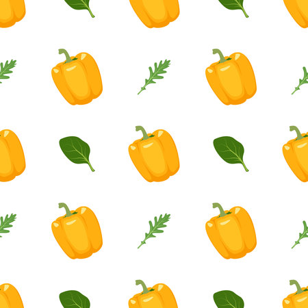 Seamless pattern with yellow peppers, arugula and basil. Bright vegetable and herbs print. Background for design of menu, food, paper, textileのイラスト素材