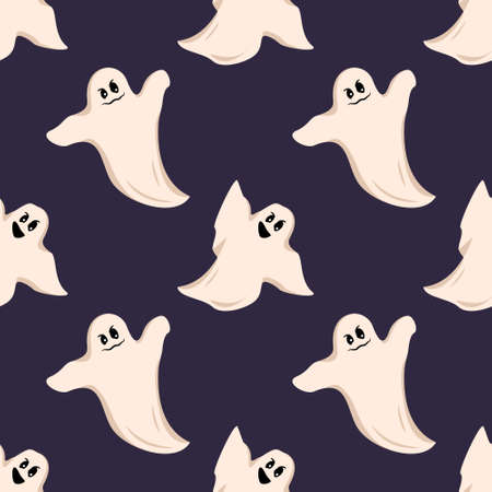 Bright dark seamless pattern with white ghost with eyes and a grin on a dark background. Festive autumn decoration for Halloween. Holiday October background for paper print, textile and designのイラスト素材