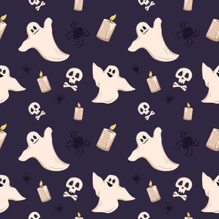 Bright dark seamless pattern with ghosts, skulls and candles on a dark background. Festive autumn decoration for Halloween. Holiday October background for paper print, textile and designのイラスト素材