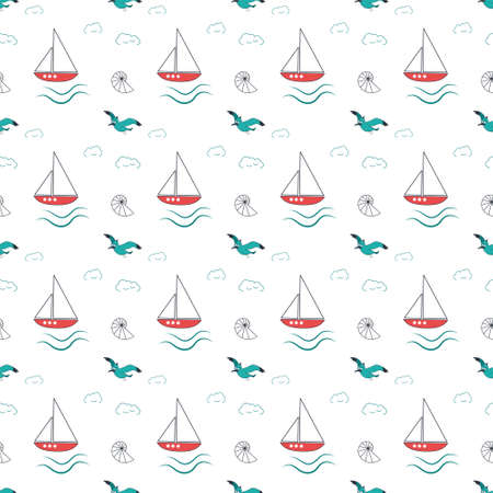 Summer marine pattern with ships, waves and seagulls on a white background. Cute print with marine objects and seashells. Design for wrapping paper, stationery and textiles.のイラスト素材
