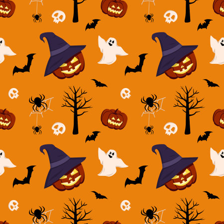 Bright dark seamless pattern with pumpkins, ghosts, skulls, bats and spiders. Festive autumn decoration for Halloween. Holiday October background for paper print, textile and designのイラスト素材