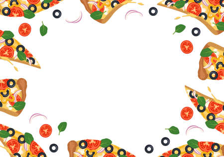 Bright frame with pizza slices. Fast food print with vegetables and cheese and herbs. Design for pizzeria menu, paper, cafe and restaurantのイラスト素材