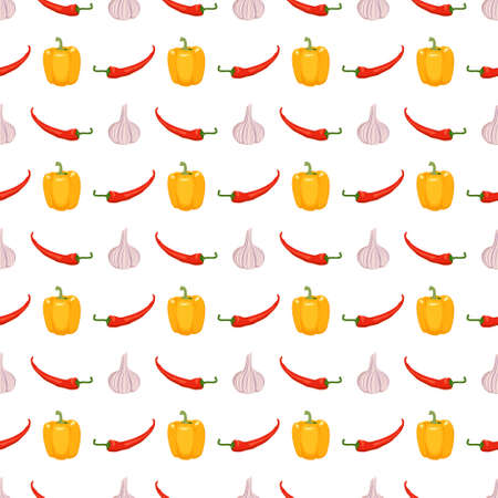 Seamless pattern with yellow peppers, chili and garlic. Vibrant print with vegetables, spicy foods and herbs. Background for design menu, food, paper, textileのイラスト素材