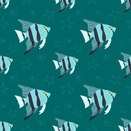 Summer marine pattern with fish, starfish and shells on a blue background. Cute print with marine objects. Design for wrapping paper, stationery and textiles.のイラスト素材