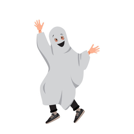 Child in a ghost costume for Halloween. Boy in fancy dress. Kid dancing in a carnival mannerのイラスト素材