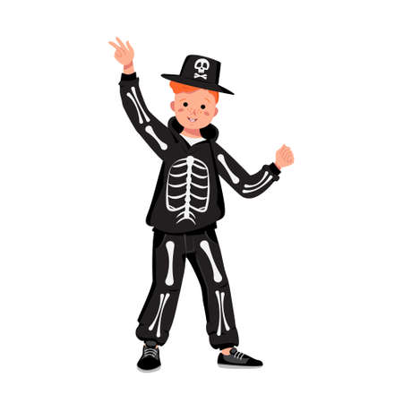 Child in a skeleton costume with bones for the holiday Halloween. Boy in fancy dress and hat with a skull. Kid dancing in a carnival mannerのイラスト素材