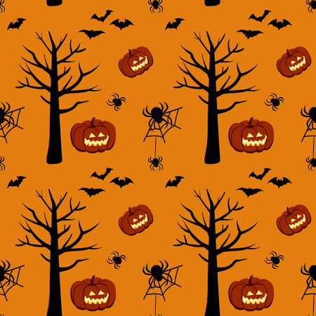 Bright dark pattern with pumpkins, bats, trees and spiders on an orange background. Halloween festive autumn decoration. October holiday print for paper printing, textile and designのイラスト素材