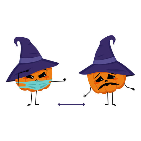 Cute pumpkin character in pointed hat with emotions, face and mask keep distance, arms and legs. The funny or sad vegetable for the holiday Halloween. Festive autumn decoration for Octoberのイラスト素材