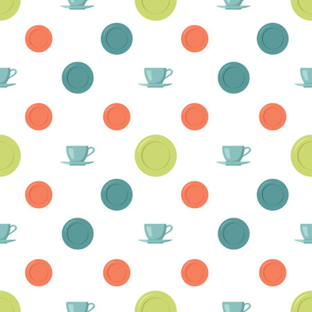 Seamless pattern with cups, saucers and plates. Tableware print for kitchen, cafe, home design, textilesのイラスト素材