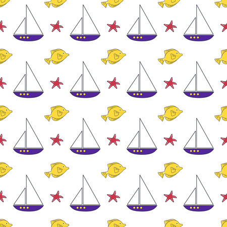 Summer sea pattern with ships, fish and starfish on a white background. Cute print with marine...