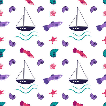 Bright marine pattern with fantastic fish, ships, starfish and shells. Magic print with sea items for party, wrapping paper, textiles and designsのイラスト素材
