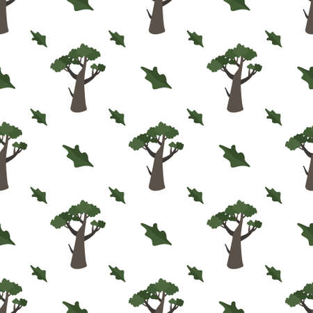 Seamless pattern with green trees. Forest plants, natural print of oak thickets and flying leaves.のイラスト素材