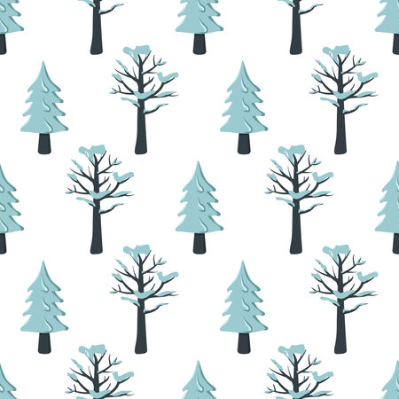 Seamless Christmas pattern with fir and tree in the snow on a white background. Happy New Year print for holiday decorations, wrapping paper, textiles and design. Wallpaper with winter natureのイラスト素材