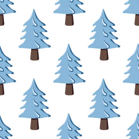 Seamless Christmas pattern with fir and tree in the snow on a white background. Happy New Year print for holiday decorations, wrapping paper, textiles and design. Wallpaper with winter natureのイラスト素材