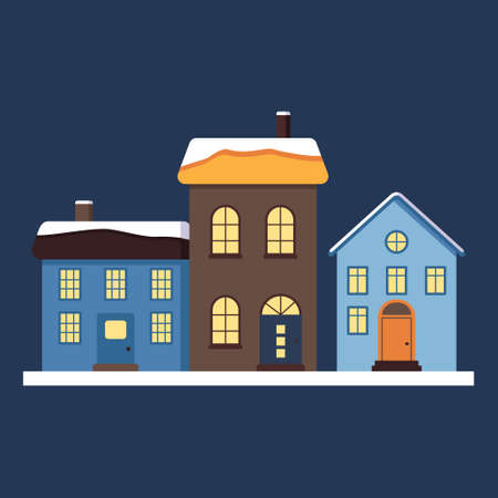A set of small cute houses with a bright roof in the snow, light in the windows and chimneys. Merry holiday decorations for New Year and Christmas. Winter and festive elementのイラスト素材