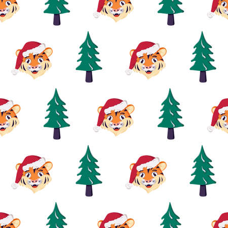 Seamless pattern with a Christmas tree and a tiger in a red Santa hat. Festive print for new year and winter holidays, textiles, wrapping paper and designのイラスト素材