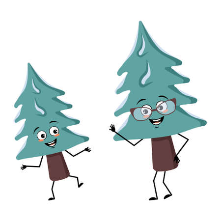 Cute character of Christmas tree cheerful with emotions. Funny grandmother with glasses and grandson with arms and legs. Pine with eyes. New year festive decoration, joyful firのイラスト素材