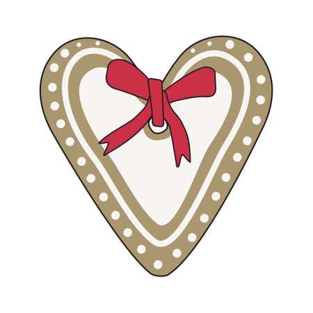 Happy New Year gingerbread with heart shaped frosting and a red bow. Festive decoration for Christmas tree. Sweets for the holidayのイラスト素材