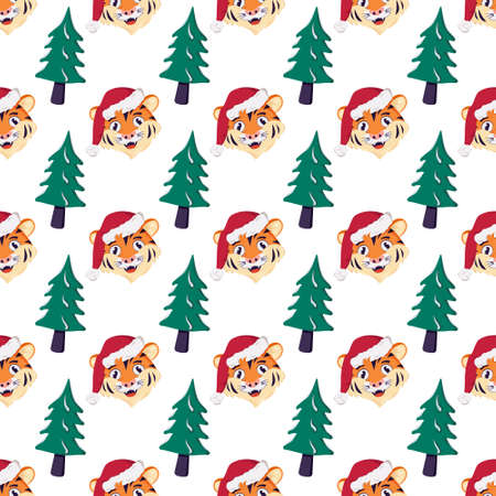 Seamless pattern with a Christmas tree and a tiger in a red Santa hat. Festive print for new year and winter holidays, textiles, wrapping paper and designのイラスト素材