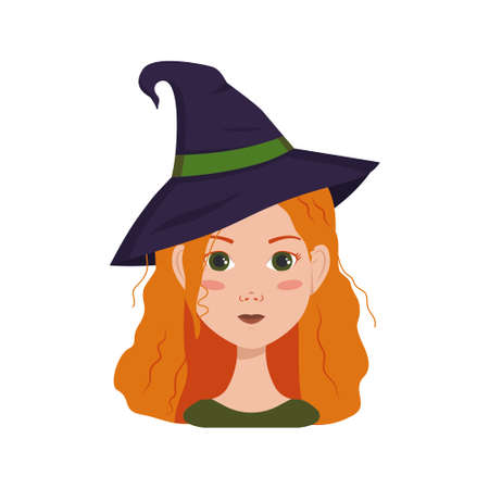 Avatar of a woman with red curly hair, emotions of joy and happiness, smile face and wearing a witch hat. Girl with freckles in a suit for Halloweenのイラスト素材