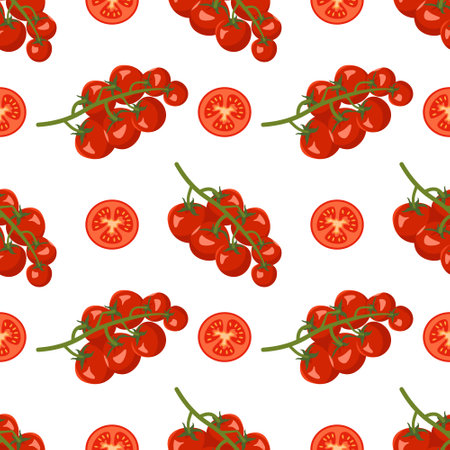 Seamless pattern with tomatoes on a branch and slices. Healthy vegan food print. Red vegetable on white background for textiles, wrapping paper and designのイラスト素材