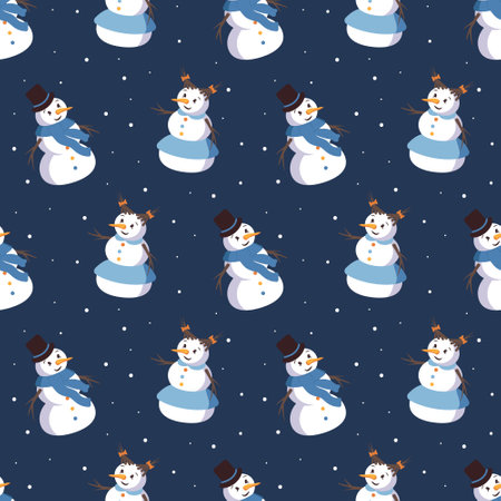 Seamless pattern with cute smiling snowmen. Merry holiday print, New Year decorations. Winter and festive backgroundのイラスト素材