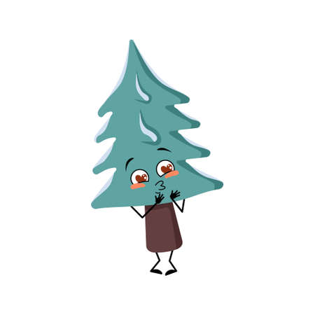 Cute Christmas tree falls in love with eyes hearts, kiss face, arms and legs. Pine with eyes. New year festive decoration, joyful fir with kind expression, funny or smile emotionsのイラスト素材
