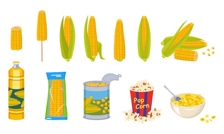 Set of corn cobs, oil, tin can, popcorn and cornflakes in a bowl. Group of yellow delicious...
