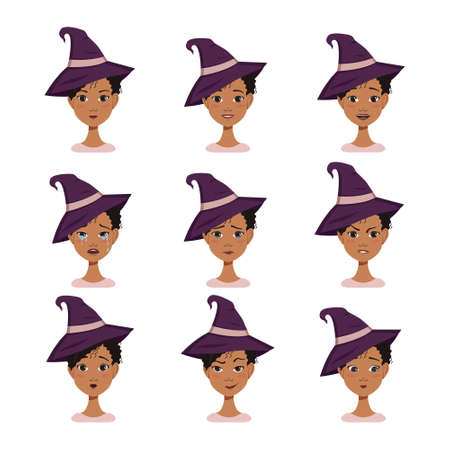 Set of facial expressions of an African American woman avatar with black curly hair in a pointed witch hat. Different emotions. Attractive cartoon character for Halloween autumn holiday in costumeのイラスト素材