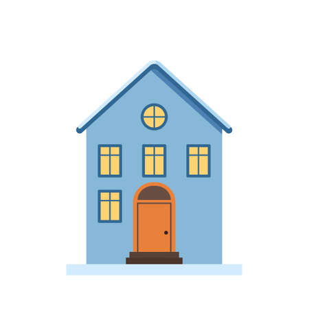 A small house with a bright roof in the snow, light in the windows. Merry festive decorations for the new year and Christmas. Winter and holidays elementのイラスト素材