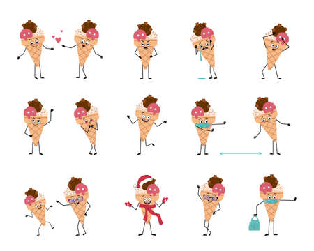 Set of ice cream characters with emotions, face, hands and feet. A funny or sad sweet delicacy in a waffle cup falls in love, the hero keeps his distance in a mask, the dessert dances in a Santa hatのイラスト素材