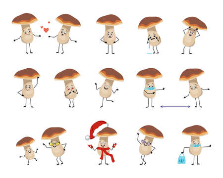Set of mushroom characters with emotions, face, hands and feet. A cheerful or sad forest plant with eyes falls in love, the hero keeps his distance in a mask, dances in a Santa hatのイラスト素材