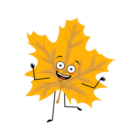 Maple leaf character with happy emotions, dancing, joyful face, smile eyes, arms and legs. Cheerful forest plant in autumn yellow colourのイラスト素材