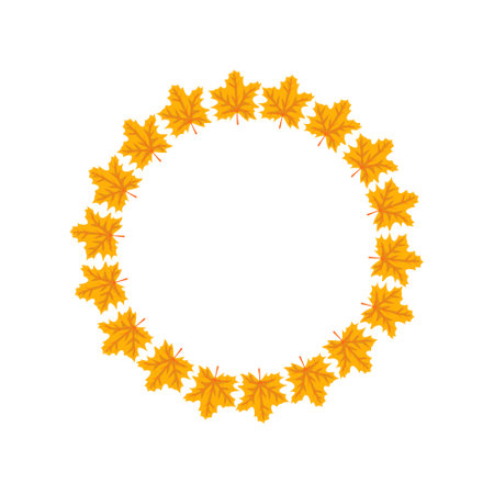 Round frame with orange and yellow maple leaves. Bright autumn wreath with gifts of nature and empty space for textのイラスト素材