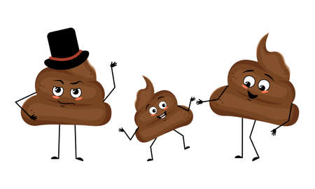 Family of cute shit character with joyful emotions, smile face, happy eyes, arms and legs. Mom is happy, dad is wearing a hat and the child is dancing. Mischievous turd in the form of a personのイラスト素材