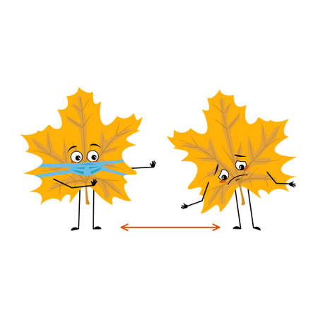 Maple leaf character with sad emotions, face and mask keep distance, arms and legs. Forest plant in autumn yellow colourのイラスト素材