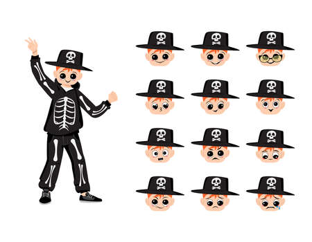 Child in a skeleton costume with bones for Halloween and a set of faces with emotions. Boy in a fancy dress and hat with a skull. Happy, joyful, surprised and sad expressionsのイラスト素材